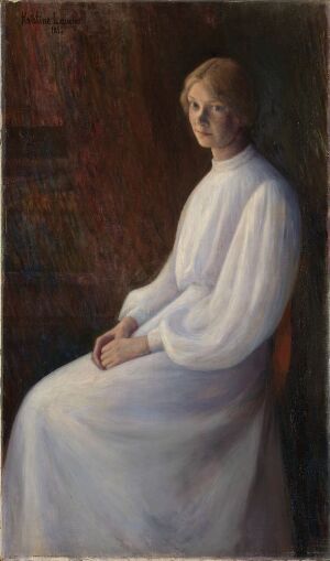  A painting titled "Kunstneren Ragnhild (Lalla) Hvalstad" by Kris Torne, featuring a serene, seated woman in a long white robe against a dark, textured background with red and brown tones. The woman has a thoughtful expression and her attire contrasts sharply with the warm, darker colors of the setting.