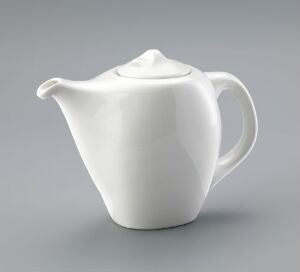  A modern white vitreous porcelain teapot designed by Tias Eckhoff, titled "Form", with a smooth finish and minimalist aesthetic, featuring an integrated spout and an arched handle against a neutral gray background.