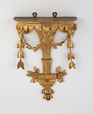  "Konsollhylle," a carved and gilded pine wood console shelf by an unidentified artist, featuring a flat top and ornate foliage designs in a symmetrical layout with a luxurious golden finish.