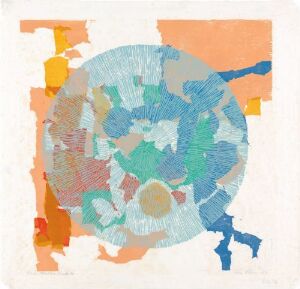  Abstract art by Per Kleiva titled "Uten tittel," featuring a central circular motif filled with a mosaic of soft blues, greens, and turquoises, surrounded by irregular patches of orange and red on a creamy white background, created using fargetresnitt on paper.