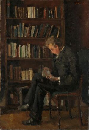  An oil painting on paper mounted on panel by Edvard Munch, depicting a middle-aged man in a dark suit sitting and reading a book in a room with a bookcase full of multicolored books behind him, conveying solitude and contemplation in a dim, warm-toned environment.