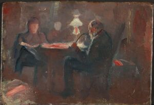  "Around the Paraffin Lamp" by Edvard Munch is an oil painting on a wood panel featuring two figures, an older man, and a younger woman, sitting at a small table illuminated by the dim light of a paraffin lamp, surrounded by a room painted in dark, earthy tones.