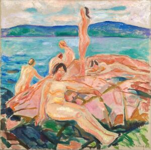  "Bathers on the Beach" by Edvard Munch, an oil painting on canvas featuring abstracted nude figures resting on rocks by a turquoise sea, under a pale blue sky. Warm tones of peach and pink dominate the human forms, set against a cooler background, evoking a harmonious, sunny atmosphere.