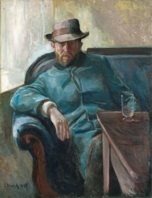  An oil painting on canvas by Edvard Munch featuring a somberly dressed man seated in a deep armchair, with a hat and a beard, in a palette of blues and grays, with a small table and a glass to his right.