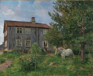  "At the Farm, Ulvin" by Gerhard Munthe, an oil on canvas painting depicting a weathered wooden farmhouse surrounded by trees with a white horse grazing in the foreground. The scene is serene with a soft blue sky studded with faint clouds.