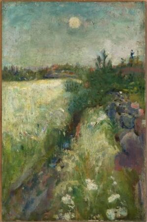  "Flowery Meadow at Veierland" by Edvard Munch, an oil painting featuring a lush green meadow with dabs of white, yellow, and red flowers under a hazy sky with a soft orb of a sun. The canvas is alive with the textures of brushstrokes incorporating shades of green, and the sky blends from baby blue to sea green to pale off-white.