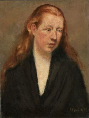  "Study of a Head" by Edvard Munch, an oil painting on canvas showing a contemplative young woman with long reddish hair and pale skin, dressed in dark clothing against a vague, neutral background.