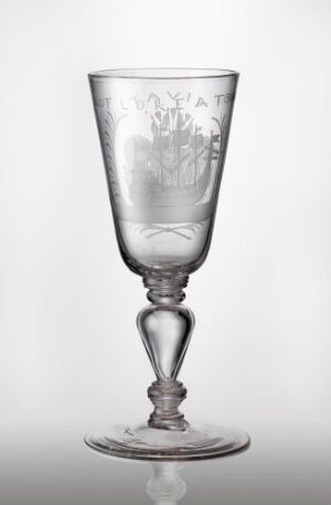  A clear glass goblet with an etched floral design displayed against a light gray background. The goblet has a tapered bowl, slender stem with a spherical knob, and a flat circular base, all conveying a sense of delicate craftsmanship.