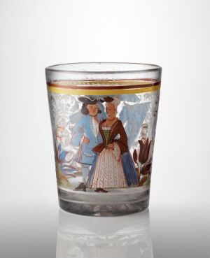  A clear glass tumbler with a detailed historical scene illustrated around the center, featuring two women in 18th or 19th-century attire with a golden rim at the top, against a soft white to gray gradient background.