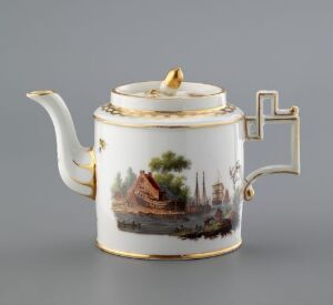  A cylindrical porcelain teapot with a metal handle and a maritime scene painted on its side. The teapot has a white background adorned with a detailed ship and coastline in earthy tones, framed by bands of gold. The spout is gracefully curved and the lid has a rounded knob.