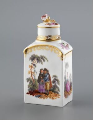  A decorative porcelain bottle with a hexagonal body, adorned with a hand-painted pastoral scene of a man and woman beneath a tree, accented by gold trim, florals, and a dog, against a white background.