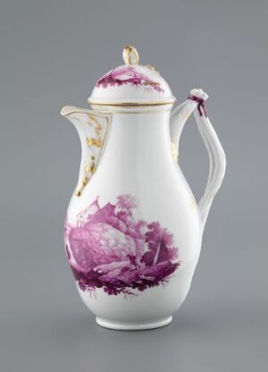  An exquisite porcelain coffee or tea pot with purple floral underglaze decoration and gold trim by Den kgl. Porcelainsfabrik. The pot has a white body with a curved handle that may feature a turned wooden grip, contrasting beautifully against a gray background.