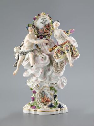  An intricately detailed porcelain figurine of a woman in an 18th-century European dress, adorned with floral patterns and soft pastel colors, standing gracefully with a playful smile on a decorated base.