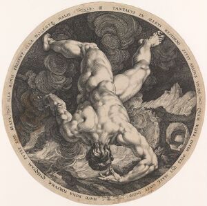  "Tantalus" by Hendrick Goltzius, a circular copper engraving on paper depicting a muscular, contorted male figure in dramatic pose, surrounded by fine detailed lines suggesting movement, encased by a band of inscriptions.