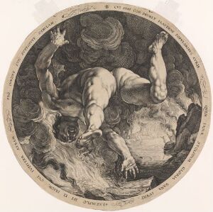  "Ixion," a monochromatic copper engraving by Cornelis Cornelisz van Haarlem, showing a dynamically posed male figure, Ixion, twisted in anguish and surrounded by dark, swirling shapes and clouds, with a decorative border and textual inscriptions encircling the central image.