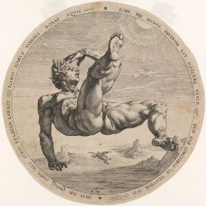  Circular copper engraving on paper titled "Icarus" by Cornelis Cornelisz van Haarlem, showcasing a detailed figure of a man with vestiges of wings falling, set within a finely inscribed textual border, rendered in shades of gray on a light background.