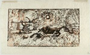  "Jerome I," a color woodcut fine art piece by Frans Widerberg on paper, depicting a dynamic figure in a contorted pose lying on a textured ground, with a burst of radiance behind, rendered in shades of brown, black, and white.