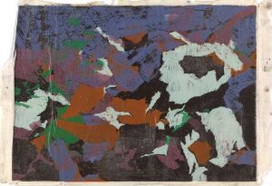  "Jesabels Borddans" by Per Kleiva, an abstract colored woodcut print on paper featuring a fragmentation of colors such as deep purples, navy blues, browns, and dark greens in the background with vibrant splashes of orange, white, teal, bright green, and red overlaying it. The hues are arranged in a chaotic yet controlled manner, surrounded by a rough, natural off-white paper edge.