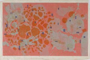  "Chex" by Per Kleiva, an abstract color woodcut on paper featuring a vibrant orange forms on a pink background with small blue rectangles scattered throughout the composition.