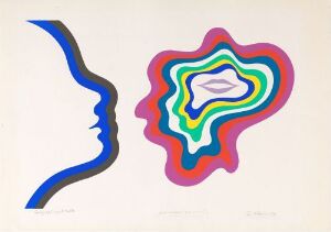  "Det naturlige smil" by Per Kleiva, featuring a simple blue profile of a human face on the left and a colorful abstract shape radiating outward in layers of rainbow colors on the right, suggestive of an abstract representation of a smile, set against a white background.