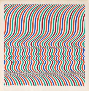  "Byen i mennesket" by Per Kleiva, a visual art serigraphy featuring a rhythmic pattern of red, blue, and green curved lines creating a wave-like illusion on a light beige paper background.