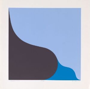  "Bølga" by Per Kleiva, an abstract fine art serigraph featuring a dark brown wave-like shape on the left against a sky blue background representing both the sky and sea, with clear distinction and contrast between the two shapes and colors.