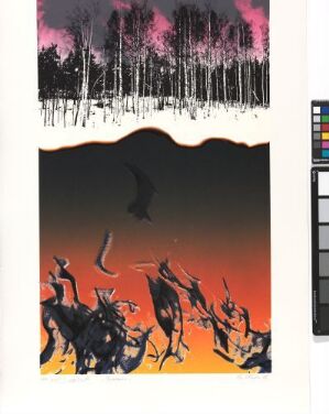  "Brannen rosa skog" by Per Kleiva is a visual art print depicting an abstract forest fire. The upper section shows a row of trees with pink highlights against a white background, while the lower section depicts an energetic scene of abstract forms and leaping shapes in orange, red, and black, suggesting animals escaping a blaze.