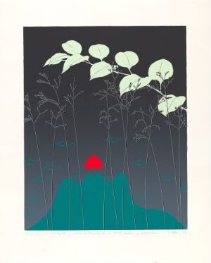  "Eit skillingstrykk om havet, døden og kjærleiken" by Per Kleiva, is a fine art serigraph print on paper featuring stylized silvery-green poppy plants on a deep blue background with a single vibrant red poppy above teal curved shapes, representing the sea.