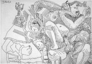  Monochrome etching by Pablo Picasso titled "Rafael og La Fornarina XII: Paven sitter i stolen og føler seg som en hanrei," featuring intricate black line work on white paper in a complex, abstract composition suggestive of human figures and symbolic objects, demonstrating Picasso's unique cubist style.