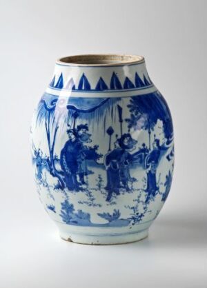  An antique porcelain vase with a blue and white color scheme featuring intricate illustrations of flora and human figures, suggesting an Asiatic origin, set against a light grey to white gradient background.