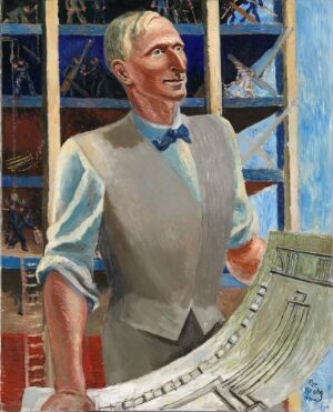  "Lars Backer" by Per Krohg, an oil painting on canvas featuring a man in a cream vest, white shirt, and blue bowtie holding architectural plans, with a background of stylized windows and blue sky, reflecting the theme of architecture and design.