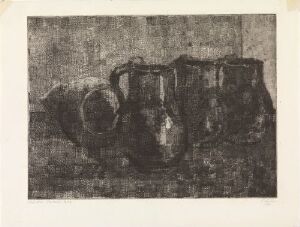  An etched artwork titled "Gamle tinnmugger" by Rolf Rude, depicting three old, robust pewter mugs in varying tones of gray, exhibiting a feeling of historical charm and antiquity.