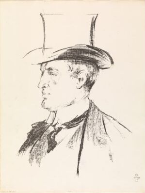  A lithograph of Edvard Munch by Henrik Lund depicted in black and sepia lines on a light beige paper, featuring a side profile of Munch wearing a distinctive wide-brimmed hat with two peaks and a loose tie or cravat, rendered in expressive sketch-like strokes.