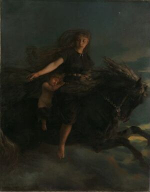  "The Night," an oil painting on canvas by Peter Nicolai Arbo, depicting a female figure in black, gliding through a dark nocturnal landscape with her flowing hair and dress merging with the shades of night.