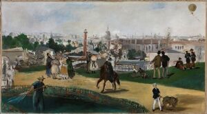  "View of the 1867 Exposition Universelle" by Édouard Manet, an oil on canvas painting capturing a panoramic view of attendees and attractions at the World's Fair in Paris, with individuals in 19th-century fashion, a red-and-white striped tower, and a balloon in the sky.