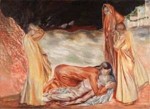  "Pietà" by Henrik Sørensen, an oil painting on canvas, depicting the Virgin Mary in a burnt orange robe, holding the lifeless body of Jesus across her lap while accompanied by another figure in a similar robe, with a dramatic