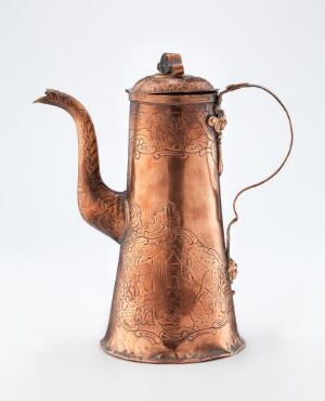  An ornate copper coffee pot titled "Kaffekanne" by an unidentified artist, featuring a rich, textured surface with hammered and engraved designs, an arching spout, and a curved handle on a simple background.