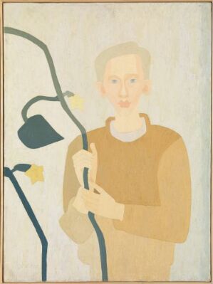  An oil painting on canvas by Charlotte Wankel features a gentle representation of a person in earth tones with a minimalist approach. The figure is dressed in brown, has light skin, and is surrounded by abstract plant elements against a soft beige background, capturing a serene ambiance.