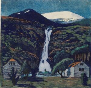  "Waterfall and Glacier" by Nikolai Astrup, a fine art colored print showing a waterfall in the center surrounded by lush greenery, traditional houses in the foreground, and a mountain with a glacier in the background under a deep blue sky.