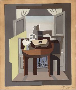  A stencil print on paper titled "Stilleben med gitar" by Pablo Picasso, depicting a cubist-style interior scene with geometric shapes forming a guitar on a table, curtains, and a window with a pale blue sky and dark railing, all in muted earth tones.