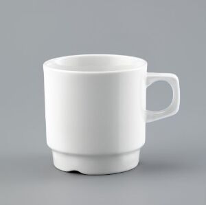  A sleek white vitreous porcelain coffee mug designed by Ragnar Grimsrud with a subtle sheen, featuring a cylindrical shape that tapers outwards toward the rim and a classic C-shaped handle, set against a soft gray background.