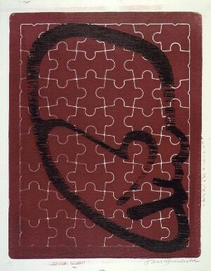  "Freudiana II" by Tom Gundersen, a two-color woodcut print on paper with a terracotta-red background featuring a black-lined silhouette of a human head profile filled with a red puzzle pattern on a creamy off-white base.