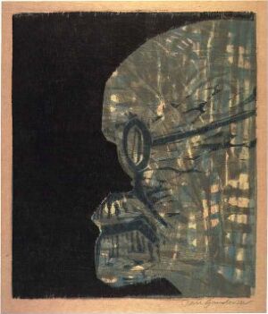  "Freudiana IV" by Tom Gundersen is a color woodcut on paper depicting an abstract side profile of a human head with blues, browns, and blacks creating a textured and layered appearance against a dark background.
