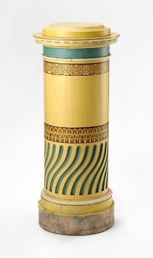  An elegant cylindrical decorative column with fluted green and gold sections, intricate golden patterns, and a base that imitates the texture of stone. The piece combines classical design elements with luxurious colors to create an appearance of antique splendor.