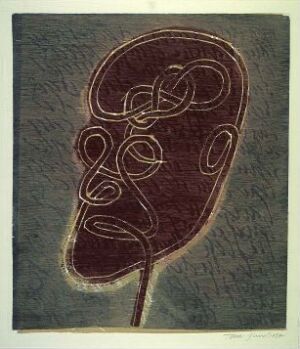  "Freudiana XXV" by Tom Gundersen, an abstract fargetresnitt print on paper depicting a stylized human head and face drawn with a continuous thick line in rustic brown against a mottled blueish-green background.