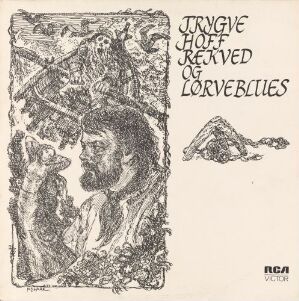  Album cover for Trygve Hoff's "Bekved og Lørveblues" designed by Karl Erik Harr, featuring a detailed sepia illustration of a bearded man in profile surrounded by a skeleton, foliage, and a reclining figure, with the album title in bold lettering above.