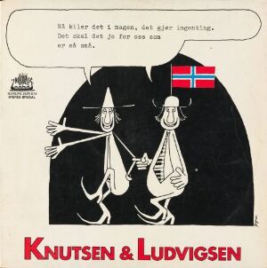  Graphic design by Øystein Dolmen titled "Knutsen & Ludvigsen," featuring two cartoon characters in white against a black background, one with a string instrument and the other with a small wind instrument, with text in Norwegian above and the Norwegian flag, all above the red title text on a white background.