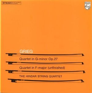  Cover design for "Grieg-The Hindar String Quartet" vinyl by artist Knut Harlem, featuring a vibrant orange background with four descending-sized black string instrument bows aligned diagonally, accompanied by bold, black text detailing the composer Grieg, the included quartet compositions, and the name of the performing string quartet.