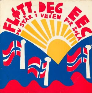  Graphic design by Egil Storeide titled "Fløtt deg EEC, du står i veien for sola" featuring a stylized sun in yellow with orange streaks at the top, on a pale blue background. At the bottom, royal blue waves with white caps interlace with red Norwegian flags. Above the sun, bold white letters spell out the phrase "FLØTT DEG" in an arch, with "EEC" directly below it, and the phrase "du står i veien for sola" following the sun's lower curve. The design conveys a sense of both