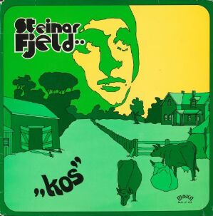  Graphic design for Steinar Fjeld's "Kos" by Lasse Jacobsen, featuring a profile of a man and rural farm elements in shades of green, with a stylized cow and pig in the foreground.